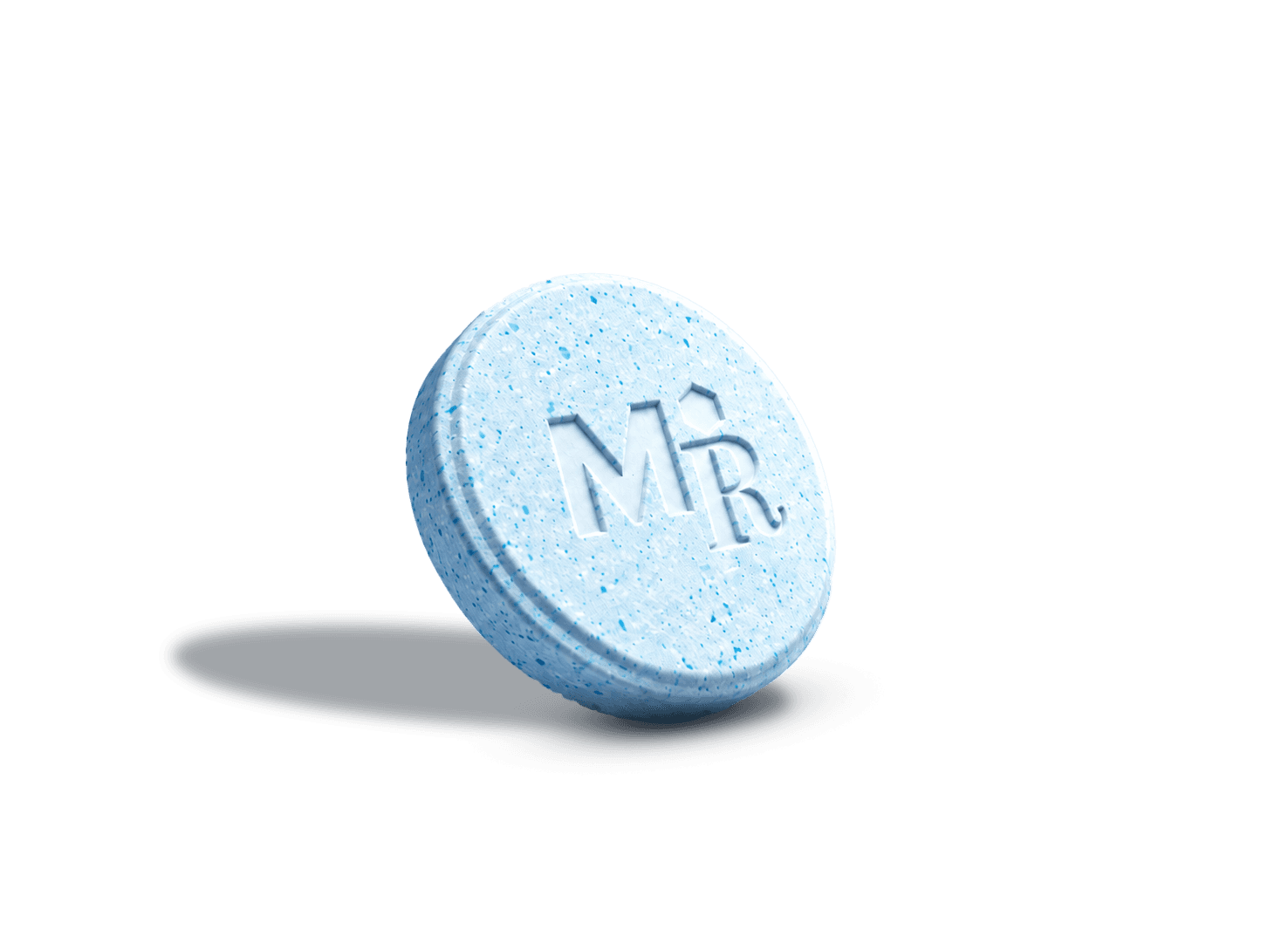 White round tablet with embossed 'M' logo.