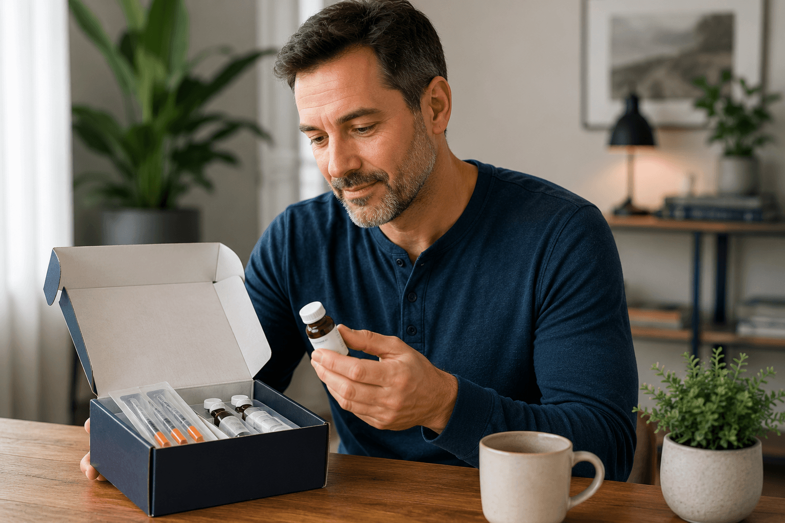 Man reviewing a home medication kit containing prescription vials and injection supplies