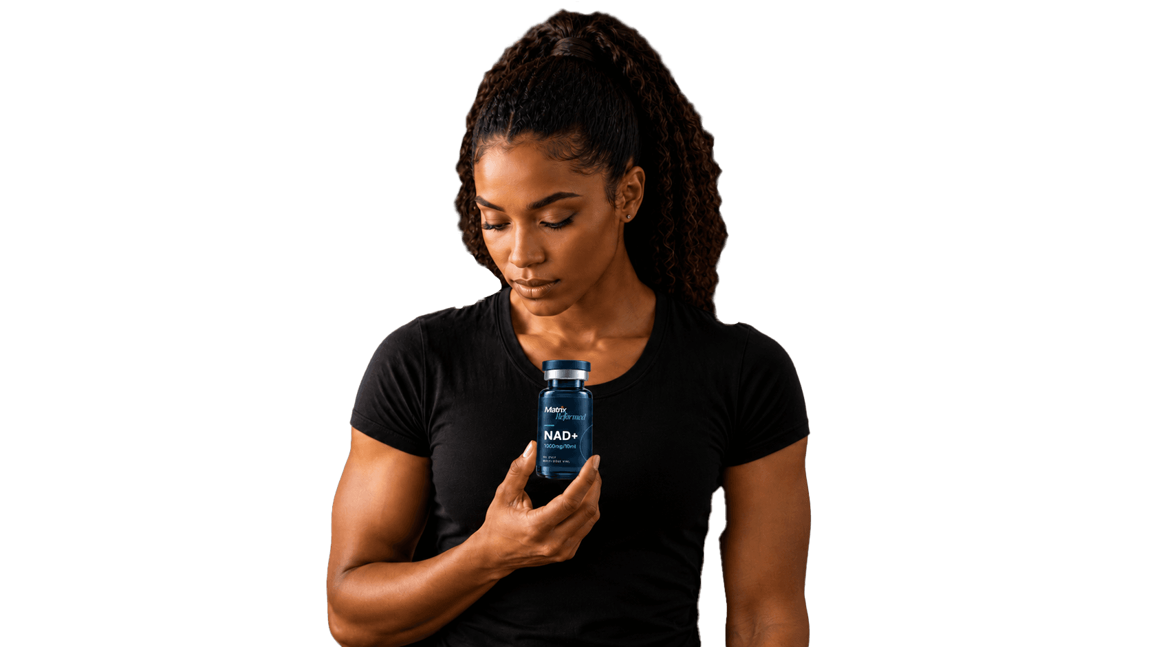 Athletic woman holding a wellness supplement vial, representing strength, fitness, hormone optimization, performance, and healthy lifestyle goals