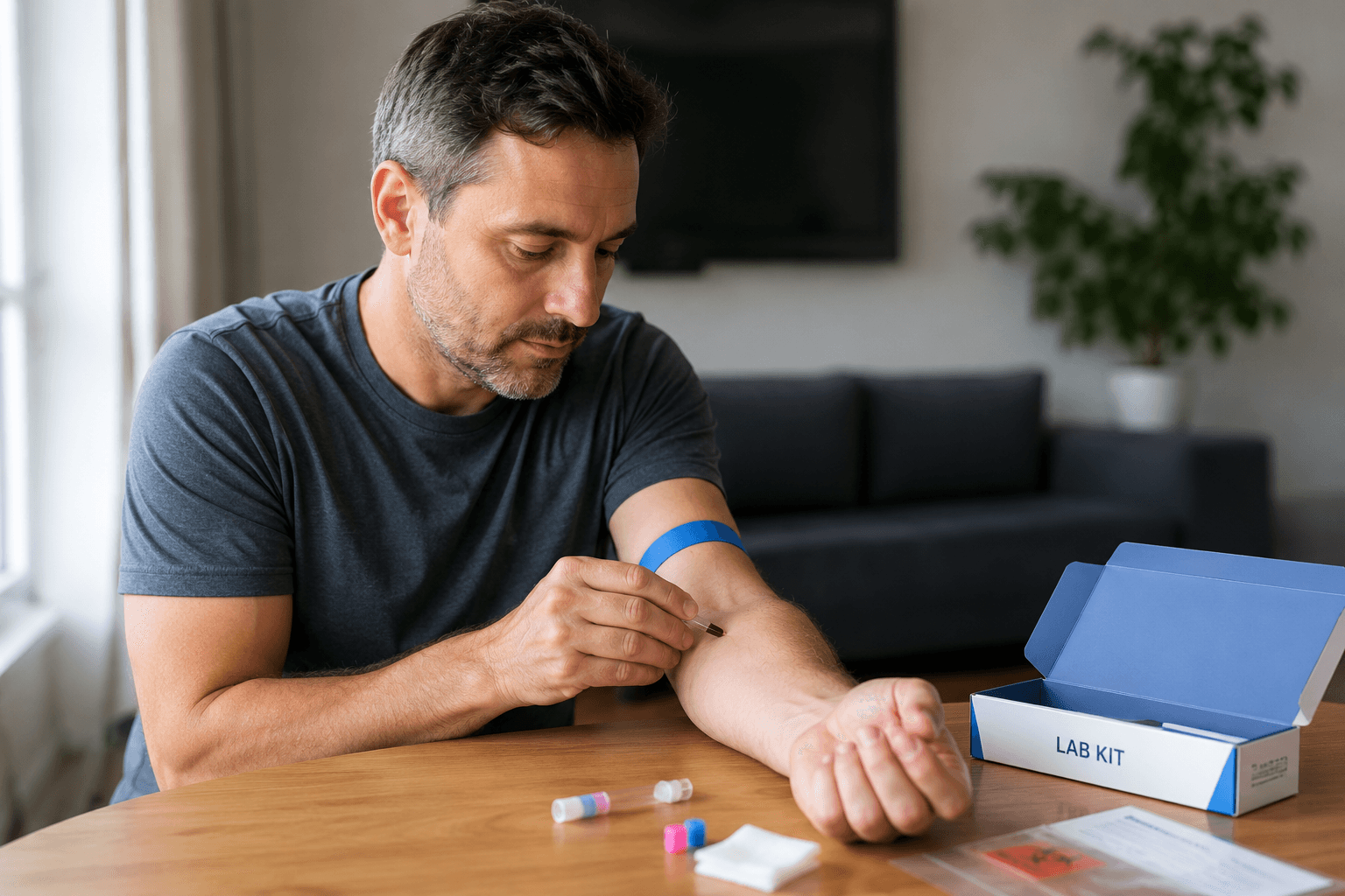 Man collecting a blood sample at home using a self-test lab kit
