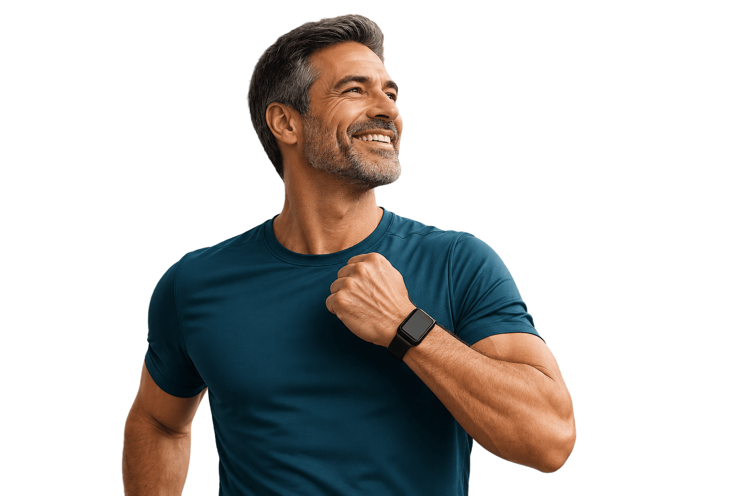 Confident middle-aged man in athletic wear smiling and looking upward