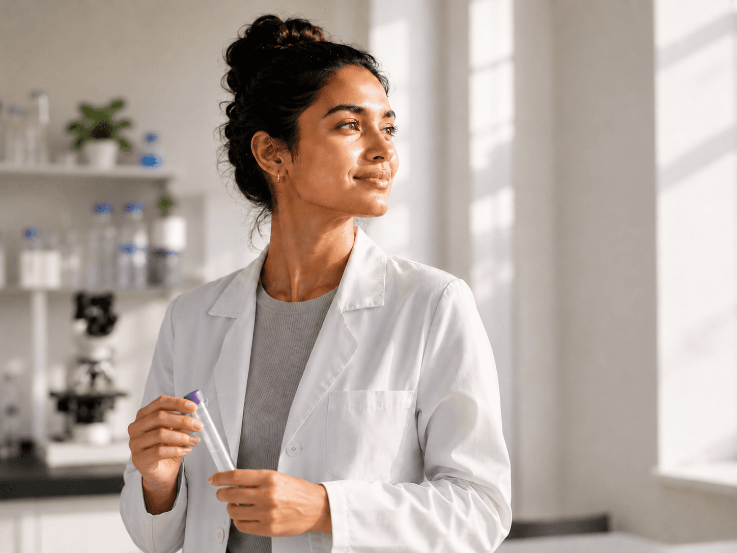 Female scientist in a laboratory holding a test tube and looking confidently toward natural light, representing medical research, biotechnology innovation, scientific discovery, and healthcare advancement.